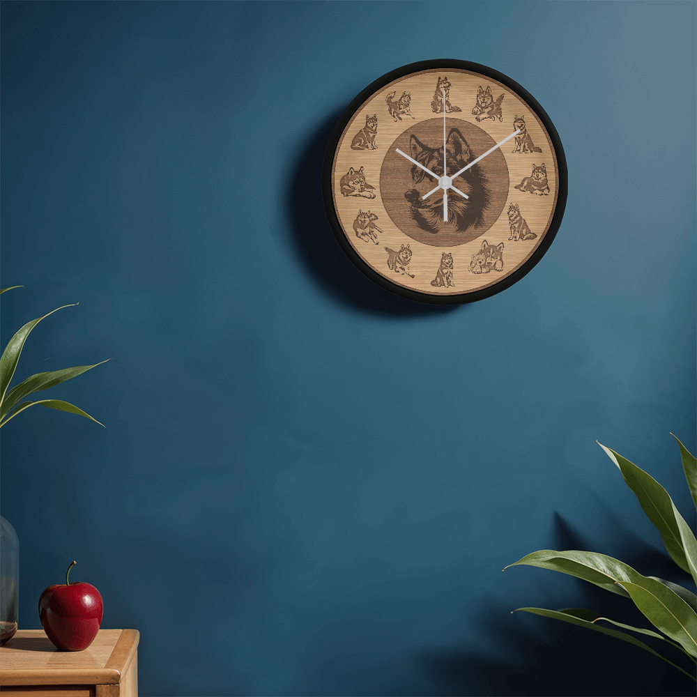 Husky Wooden Frame Wall Clock - Rustic Brown Silhouette, 10 Inch Quartz, Eco-Friendly Dog Gift, Farmhouse Pet Decor Gift, Pet Lover Art