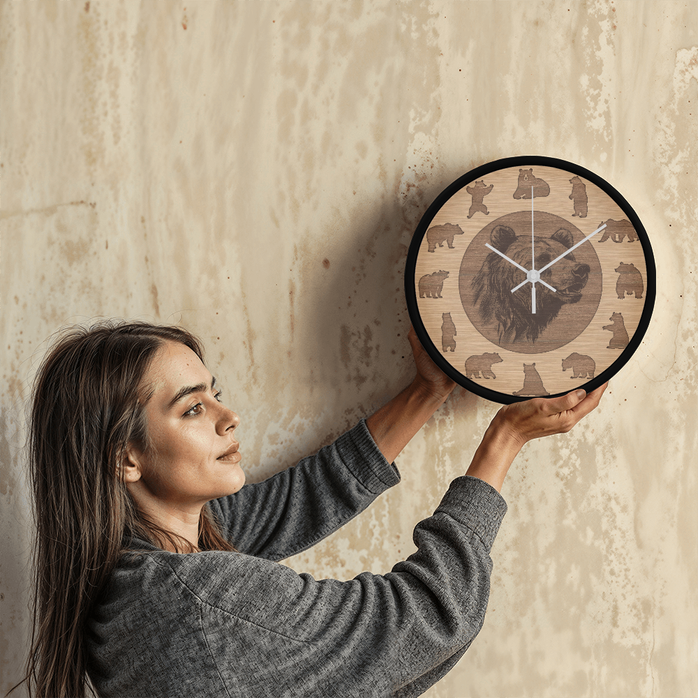 Wood Frame Bear Wall Clock - Modern Wall Art, 10in Quartz, Wildlife Gift, Sleek Decor, Nature Lover Urban Accent for Home Gift