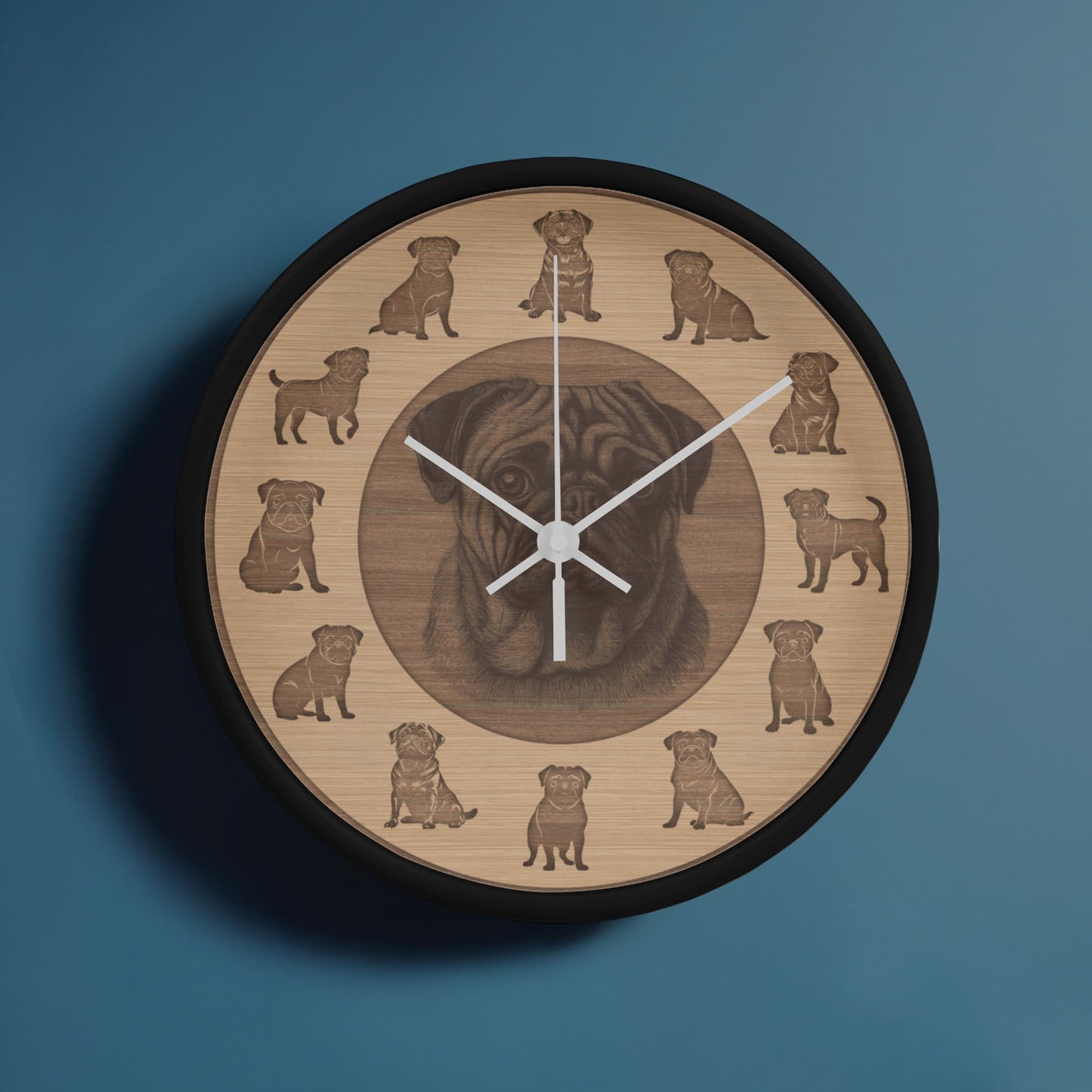 Wooden Pug Wall Clock - Rustic Wall Art, 10in Quartz, Dog Lover Gift, Farmhouse Decor, Cute Pet Accent for Home