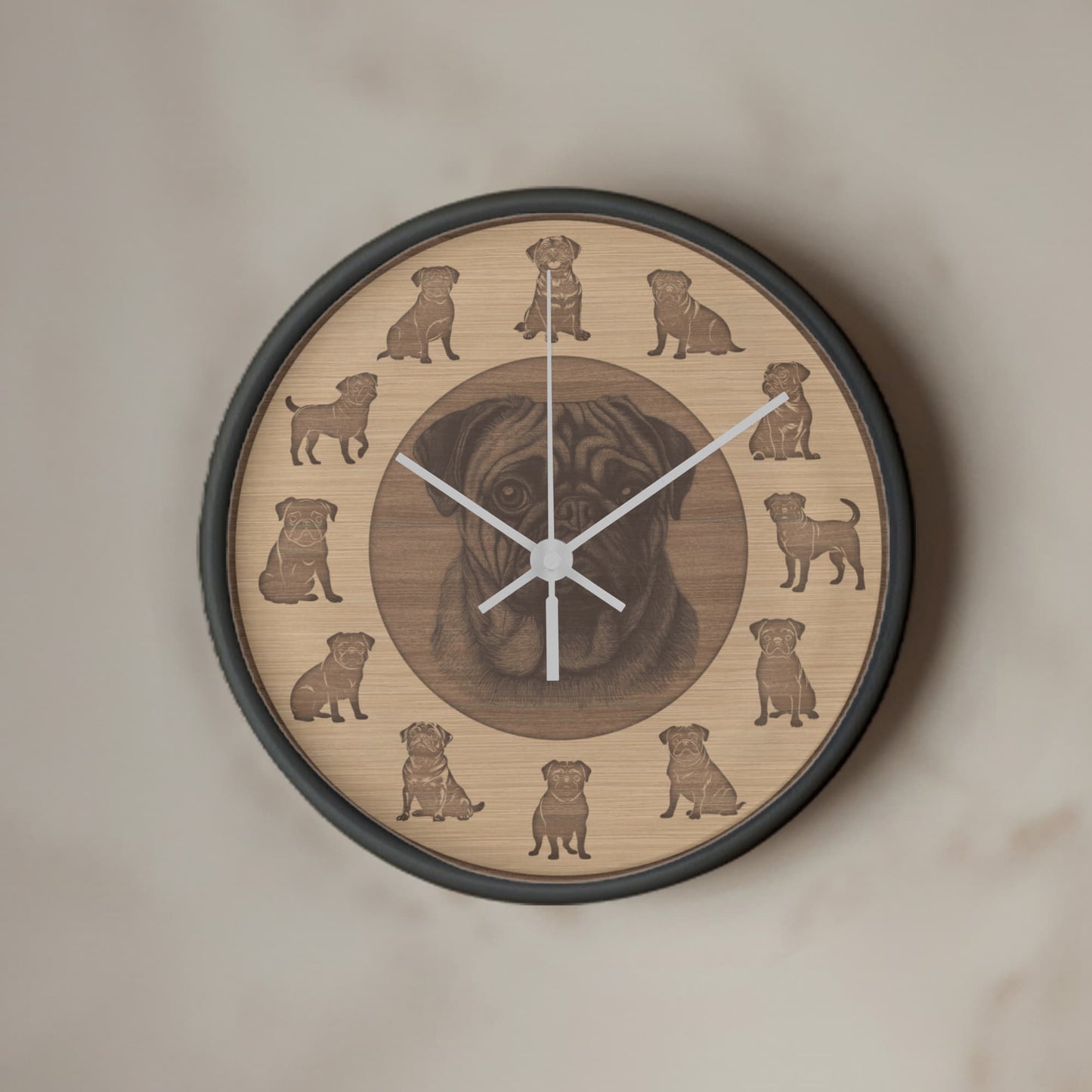 Wooden Pug Wall Clock - Rustic Wall Art, 10in Quartz, Dog Lover Gift, Farmhouse Decor, Cute Pet Accent for Home