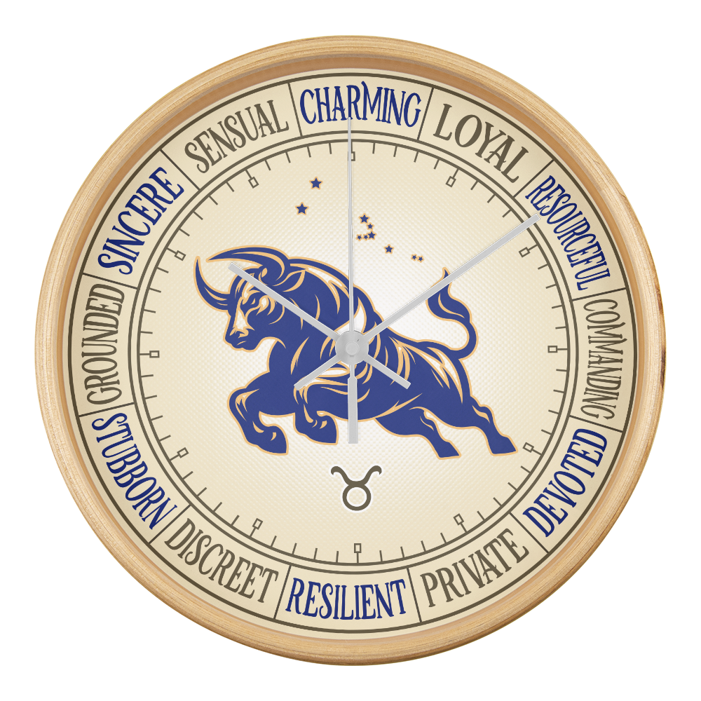 Taurus Wood Frame 10” Wall Clock - Astrology Wall Art, Taurus Lover Gift, Zodiac Decor, Taurus Constellation