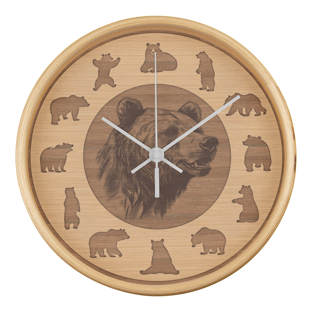 Wood Frame Bear Wall Clock - Modern Wall Art, 10in Quartz, Wildlife Gift, Sleek Decor, Nature Lover Urban Accent for Home Gift