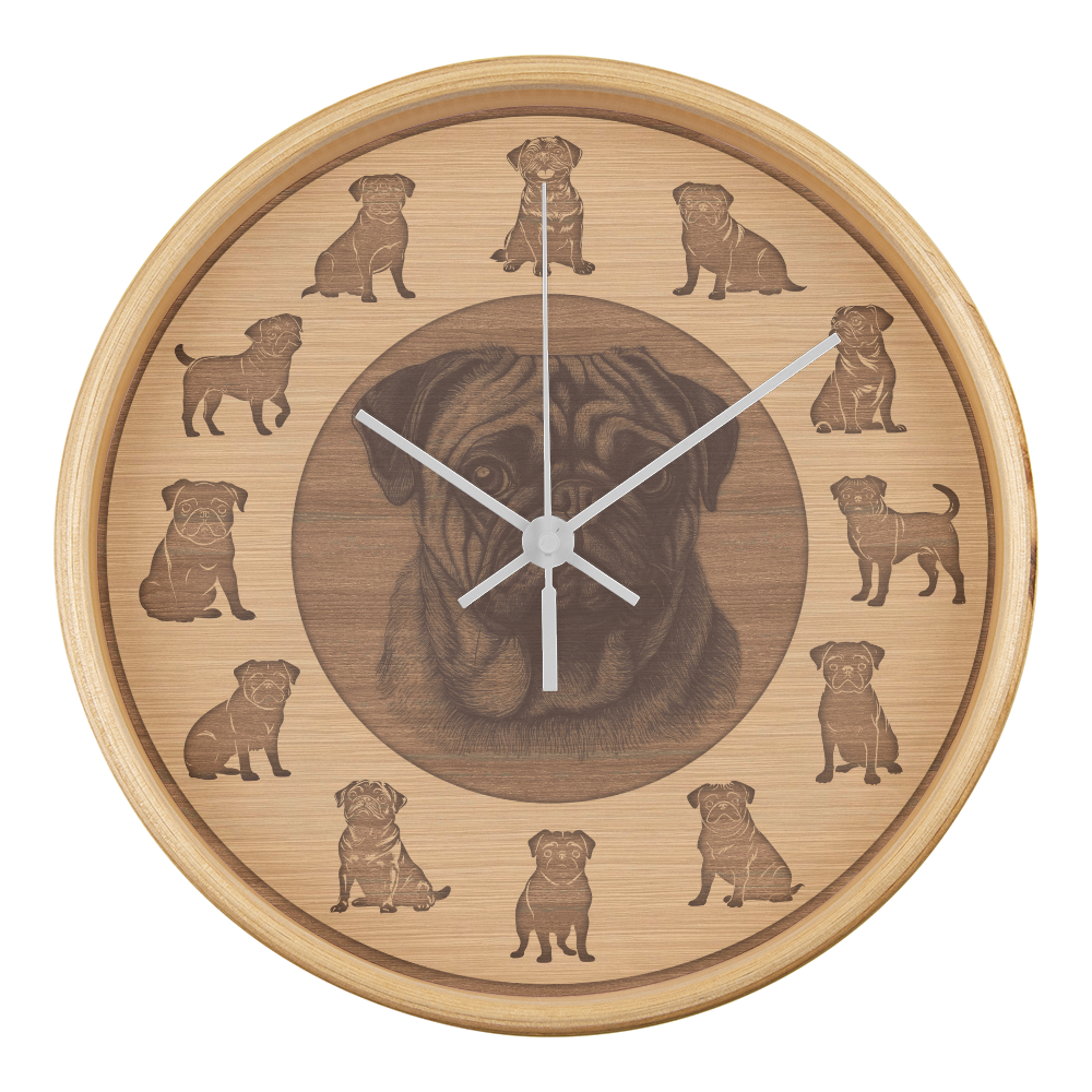 Wooden Pug Wall Clock - Rustic Wall Art, 10in Quartz, Dog Lover Gift, Farmhouse Decor, Cute Pet Accent for Home