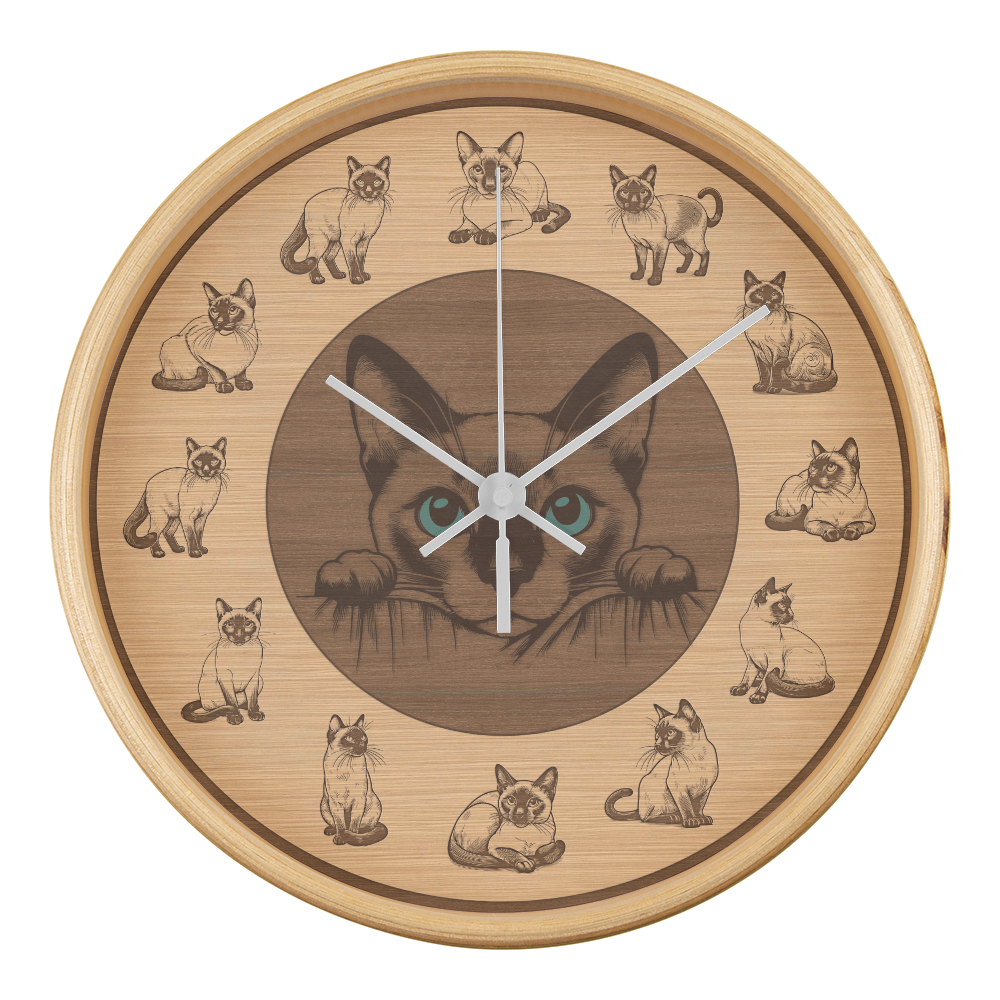 Wooden Frame Siamese Cat Wall Clock - Rustic Wall Art, 10in Quartz, Cat Lover Gift, Farmhouse Decor, Nature Pet Accent for Home