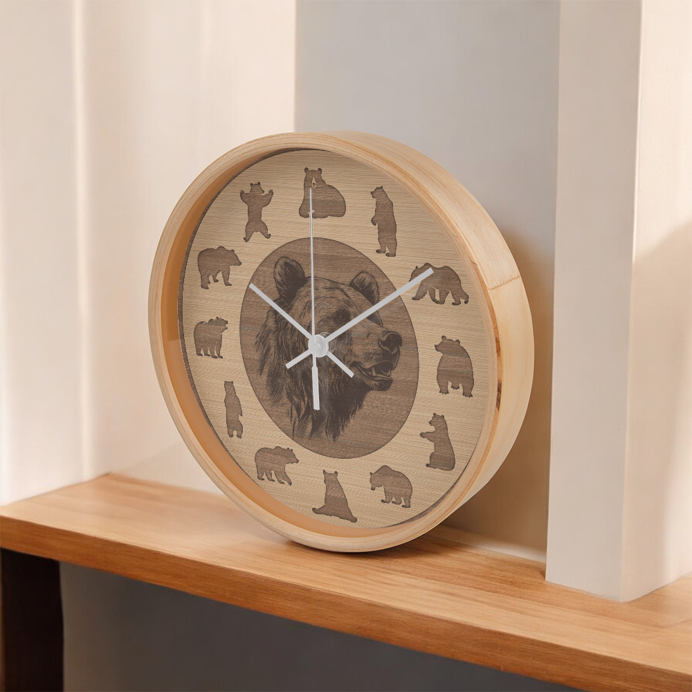 Wood Frame Bear Wall Clock - Modern Wall Art, 10in Quartz, Wildlife Gift, Sleek Decor, Nature Lover Urban Accent for Home Gift