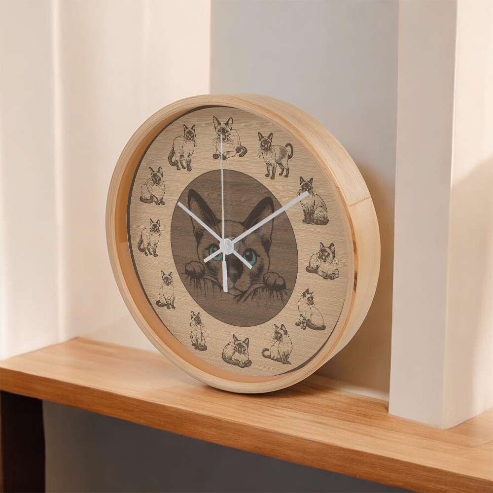 Wooden Frame Siamese Cat Wall Clock - Rustic Wall Art, 10in Quartz, Cat Lover Gift, Farmhouse Decor, Nature Pet Accent for Home