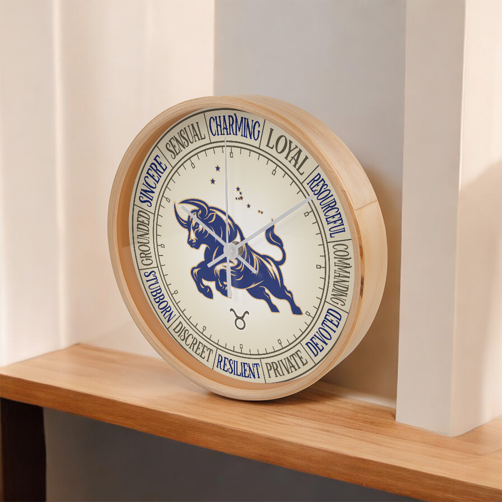 Taurus Wood Frame 10” Wall Clock - Astrology Wall Art, Taurus Lover Gift, Zodiac Decor, Taurus Constellation