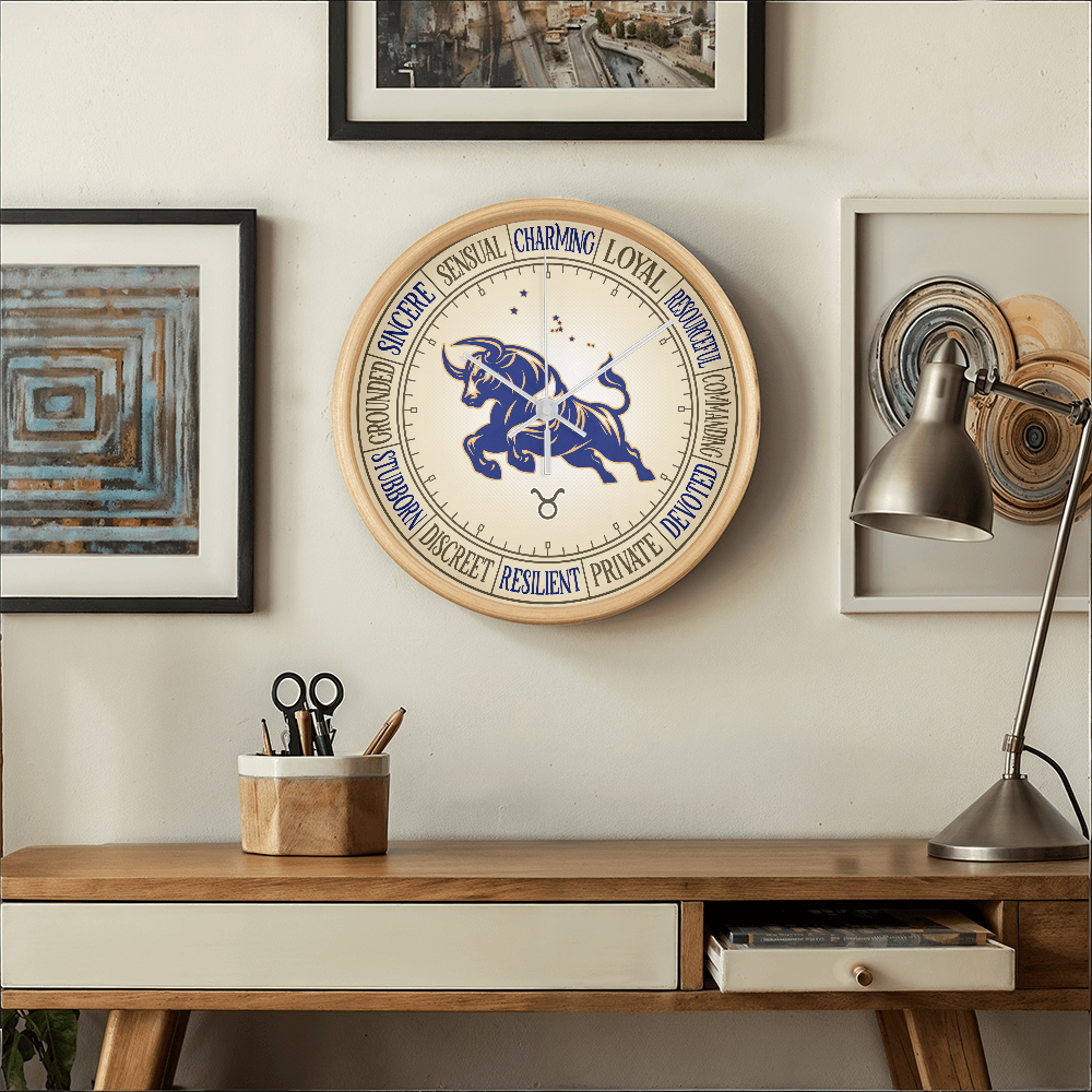 Taurus Wood Frame 10” Wall Clock - Astrology Wall Art, Taurus Lover Gift, Zodiac Decor, Taurus Constellation