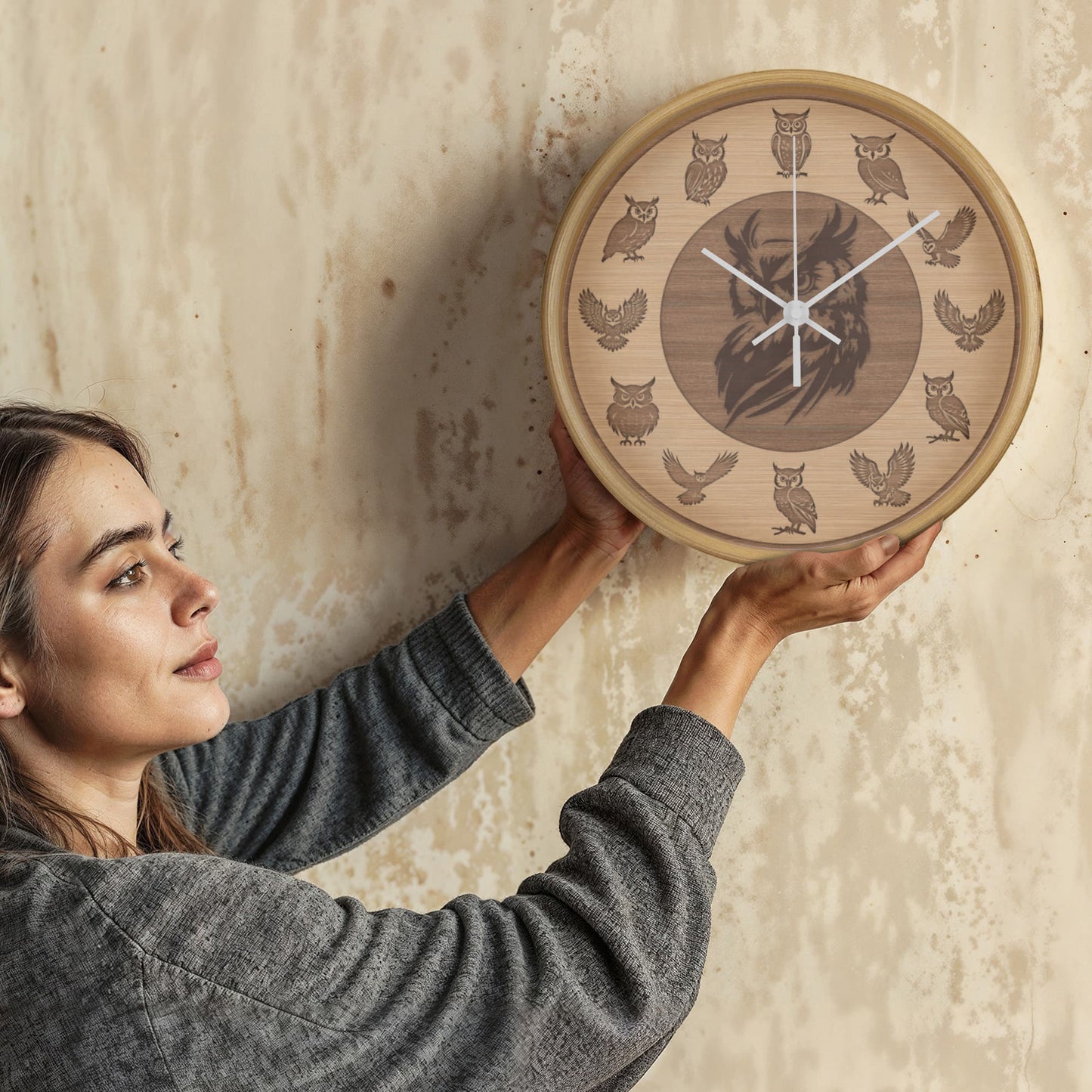 Wooden Owl Wall Clock - Rustic Wall Art, 10in Quartz, Owl Lover Gift, Farmhouse Decor, Cute Animal Accent