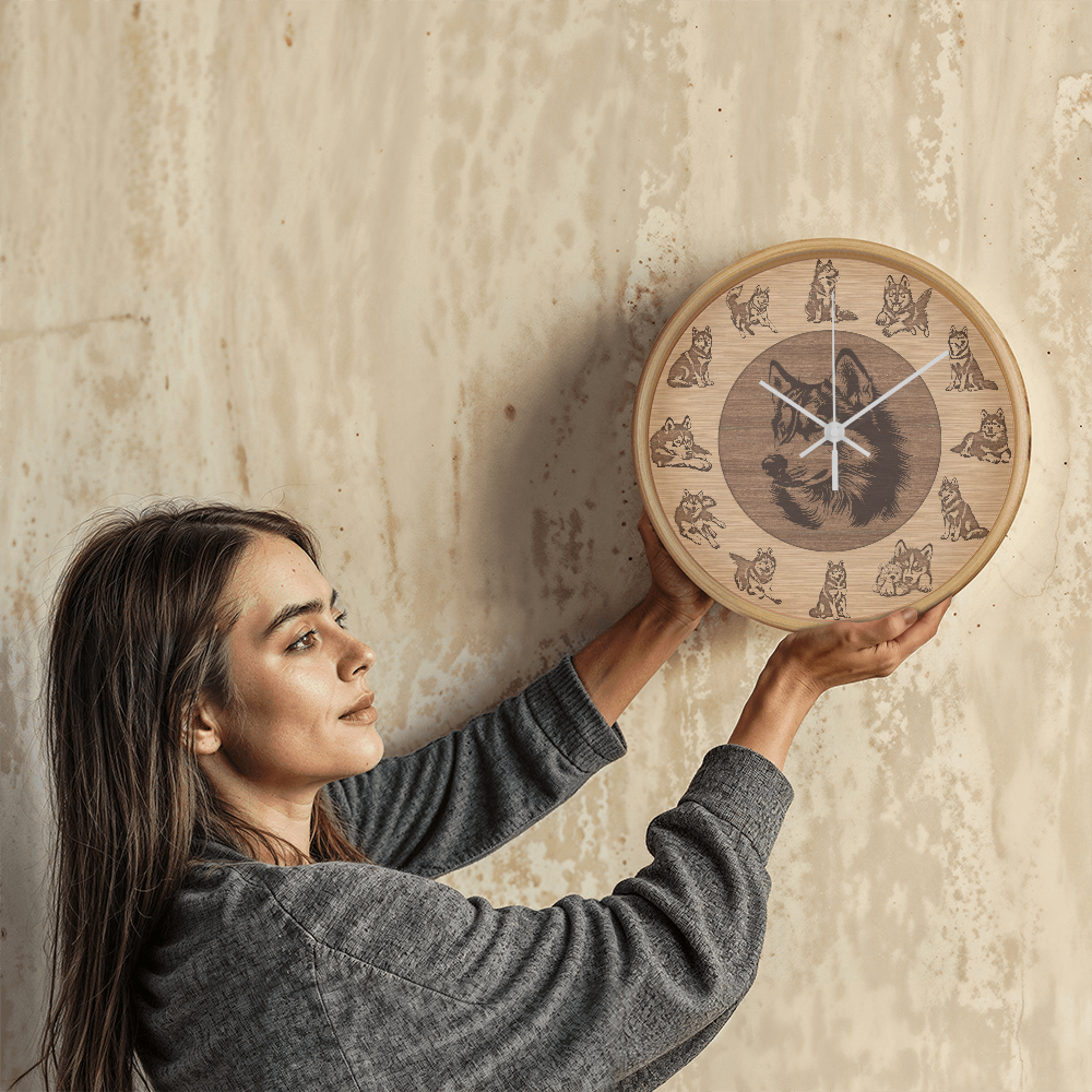 Husky Wooden Frame Wall Clock - Rustic Brown Silhouette, 10 Inch Quartz, Eco-Friendly Dog Gift, Farmhouse Pet Decor Gift, Pet Lover Art