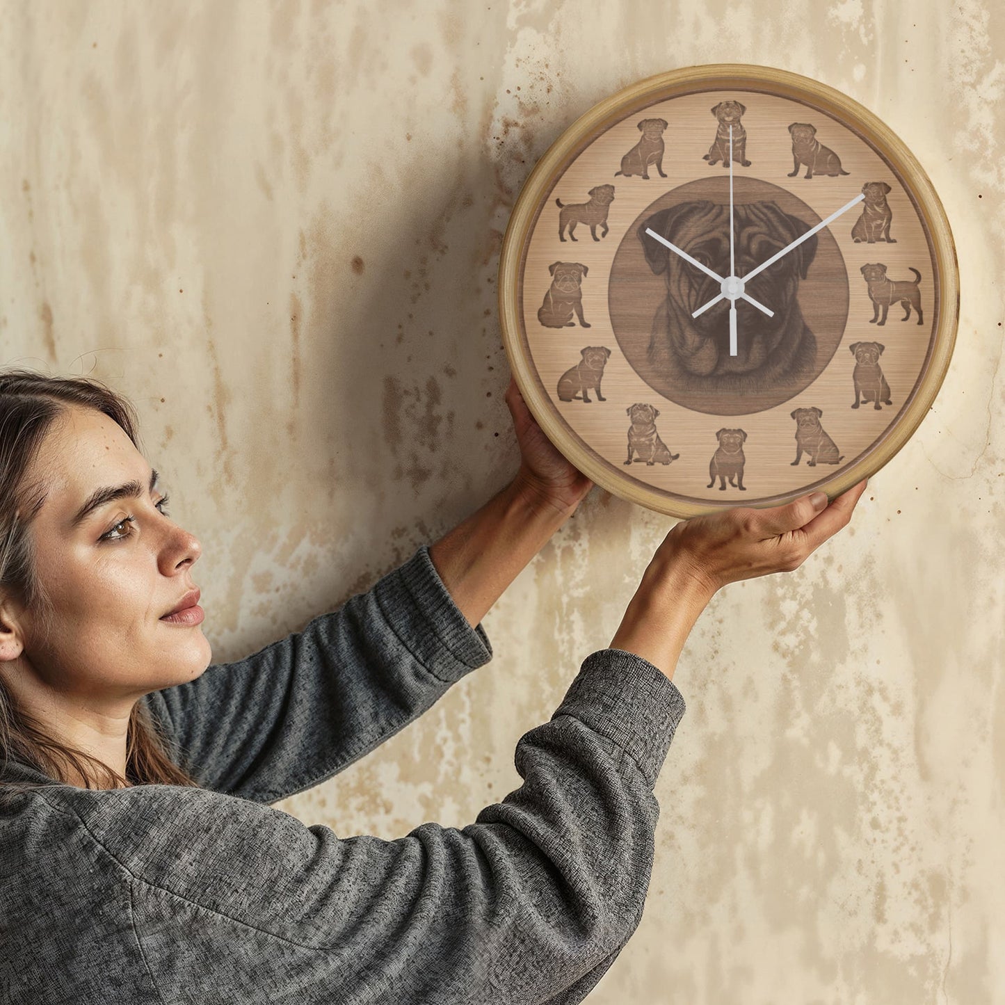Wooden Pug Wall Clock - Rustic Wall Art, 10in Quartz, Dog Lover Gift, Farmhouse Decor, Cute Pet Accent for Home