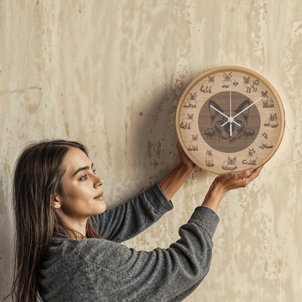 Wooden Frame Siamese Cat Wall Clock - Rustic Wall Art, 10in Quartz, Cat Lover Gift, Farmhouse Decor, Nature Pet Accent for Home