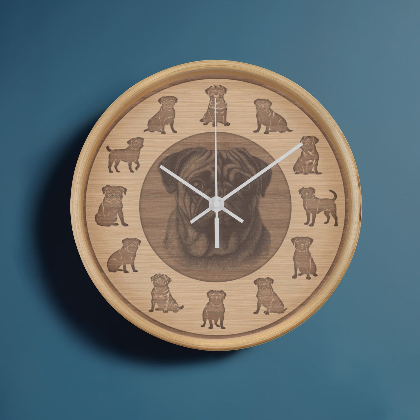 Wooden Pug Wall Clock - Rustic Wall Art, 10in Quartz, Dog Lover Gift, Farmhouse Decor, Cute Pet Accent for Home