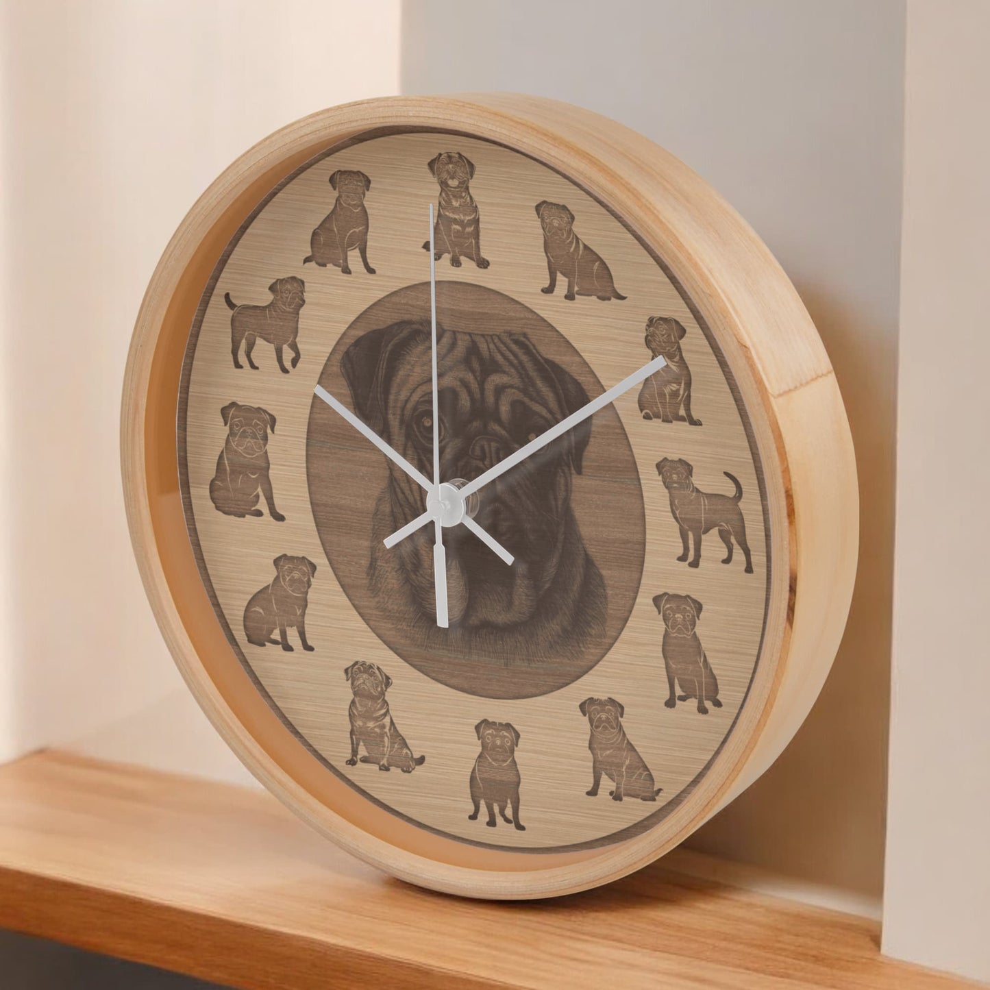 Wooden Pug Wall Clock - Rustic Wall Art, 10in Quartz, Dog Lover Gift, Farmhouse Decor, Cute Pet Accent for Home