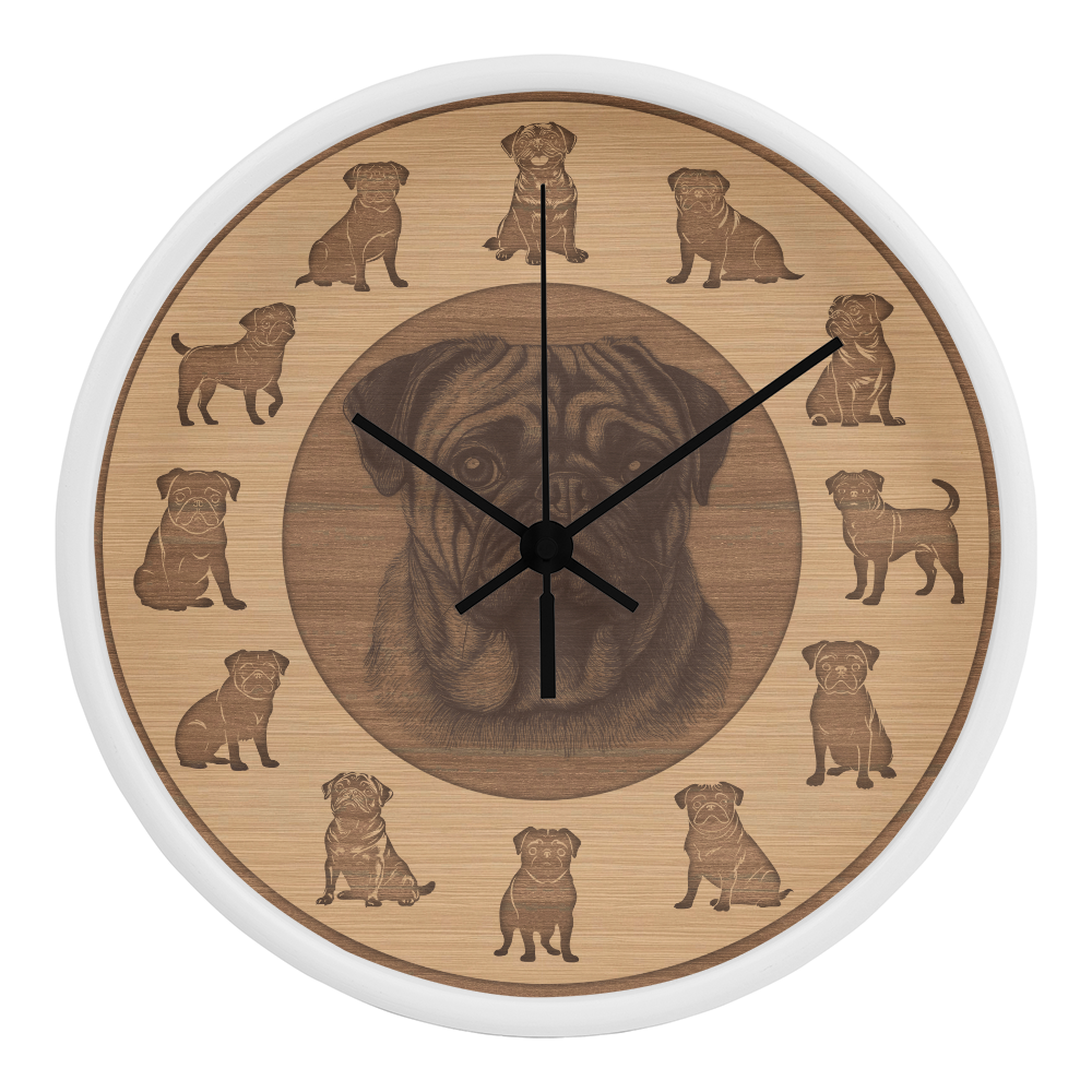 Wooden Pug Wall Clock - Rustic Wall Art, 10in Quartz, Dog Lover Gift, Farmhouse Decor, Cute Pet Accent for Home