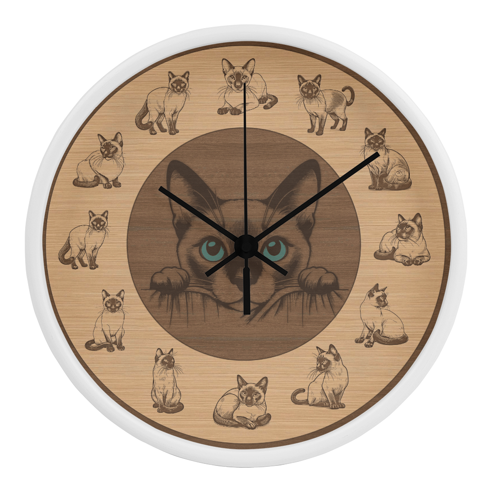 Wooden Frame Siamese Cat Wall Clock - Rustic Wall Art, 10in Quartz, Cat Lover Gift, Farmhouse Decor, Nature Pet Accent for Home