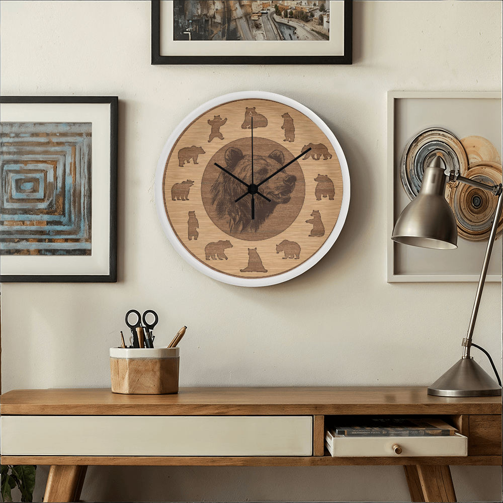 Wood Frame Bear Wall Clock - Modern Wall Art, 10in Quartz, Wildlife Gift, Sleek Decor, Nature Lover Urban Accent for Home Gift
