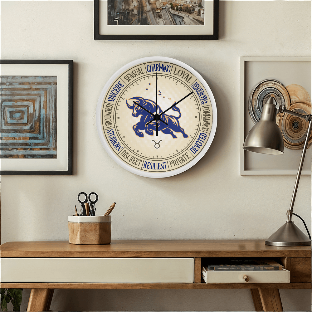 Taurus Wood Frame 10” Wall Clock - Astrology Wall Art, Taurus Lover Gift, Zodiac Decor, Taurus Constellation