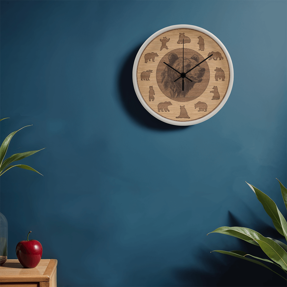 Wood Frame Bear Wall Clock - Modern Wall Art, 10in Quartz, Wildlife Gift, Sleek Decor, Nature Lover Urban Accent for Home Gift