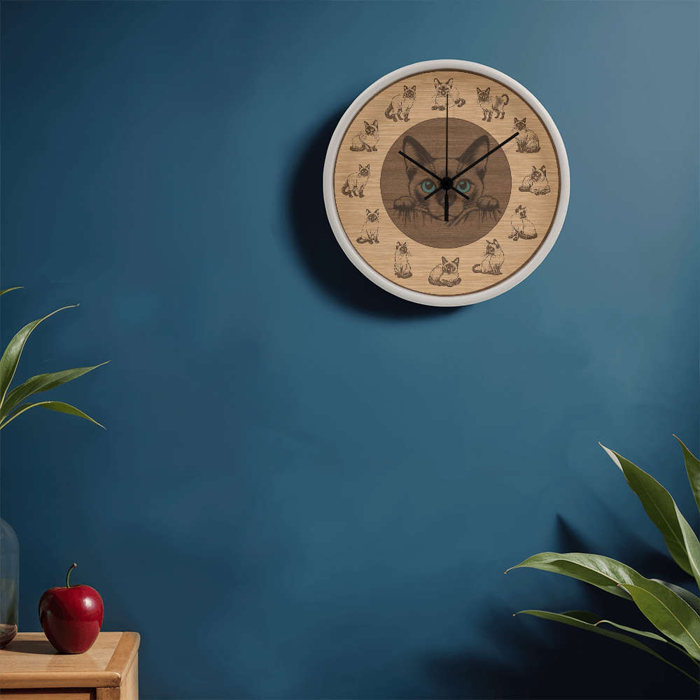 Wooden Frame Siamese Cat Wall Clock - Rustic Wall Art, 10in Quartz, Cat Lover Gift, Farmhouse Decor, Nature Pet Accent for Home