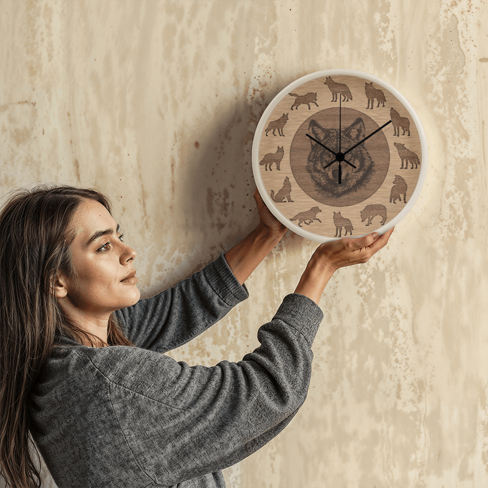 Wooden Frame Wolf Wall Clock - Rustic Silhouette, 10 Inch Quartz, Eco-Friendly Wildlife Gift, Farmhouse Decor, Mother's Day Gift