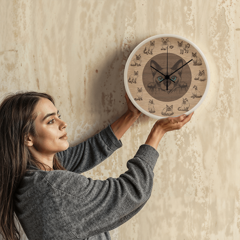Wooden Frame Siamese Cat Wall Clock - Rustic Wall Art, 10in Quartz, Cat Lover Gift, Farmhouse Decor, Nature Pet Accent for Home