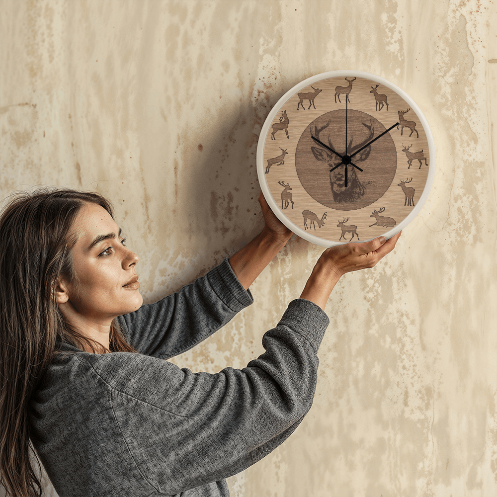 Wooden Frame Deer Wall Clock - Rustic Wall Art, 10in Quartz, Wildlife Gift, Farmhouse Decor, Nature Lover Cabin Accent for Home