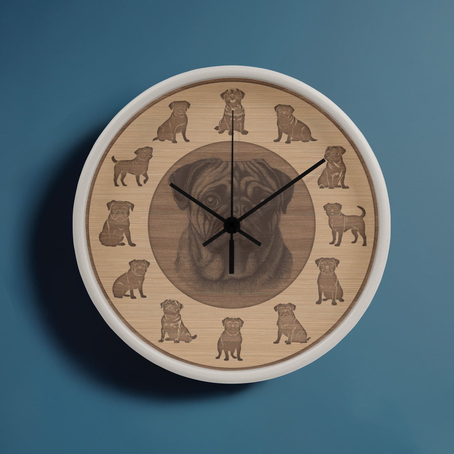 Wooden Pug Wall Clock - Rustic Wall Art, 10in Quartz, Dog Lover Gift, Farmhouse Decor, Cute Pet Accent for Home