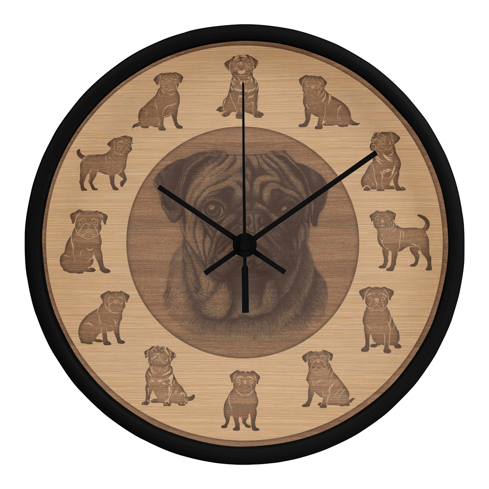Wooden Pug Wall Clock - Rustic Wall Art, 10in Quartz, Dog Lover Gift, Farmhouse Decor, Cute Pet Accent for Home