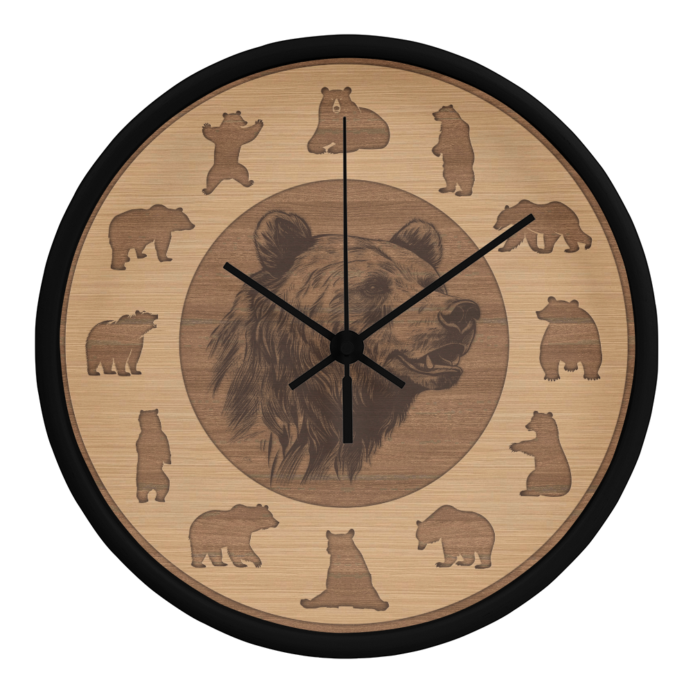 Wood Frame Bear Wall Clock - Modern Wall Art, 10in Quartz, Wildlife Gift, Sleek Decor, Nature Lover Urban Accent for Home Gift
