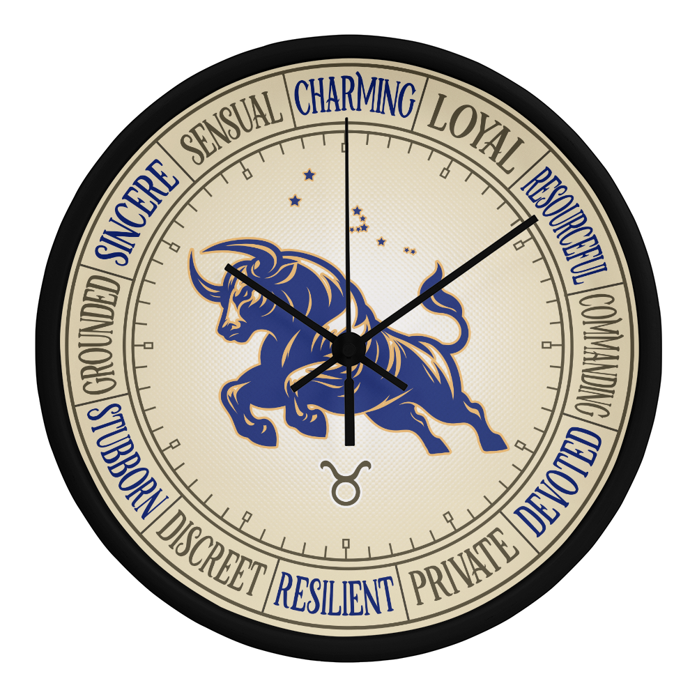 Taurus Wood Frame 10” Wall Clock - Astrology Wall Art, Taurus Lover Gift, Zodiac Decor, Taurus Constellation