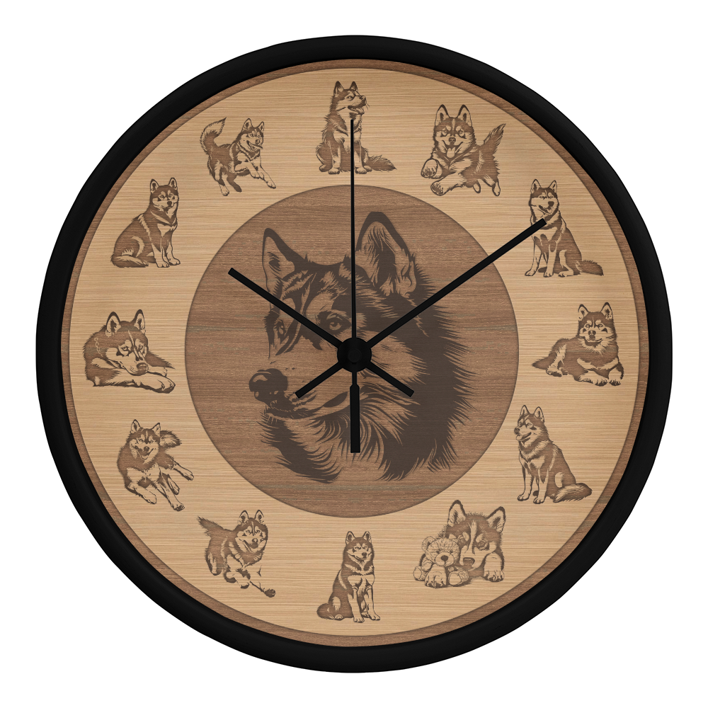 Husky Wooden Frame Wall Clock - Rustic Brown Silhouette, 10 Inch Quartz, Eco-Friendly Dog Gift, Farmhouse Pet Decor Gift, Pet Lover Art