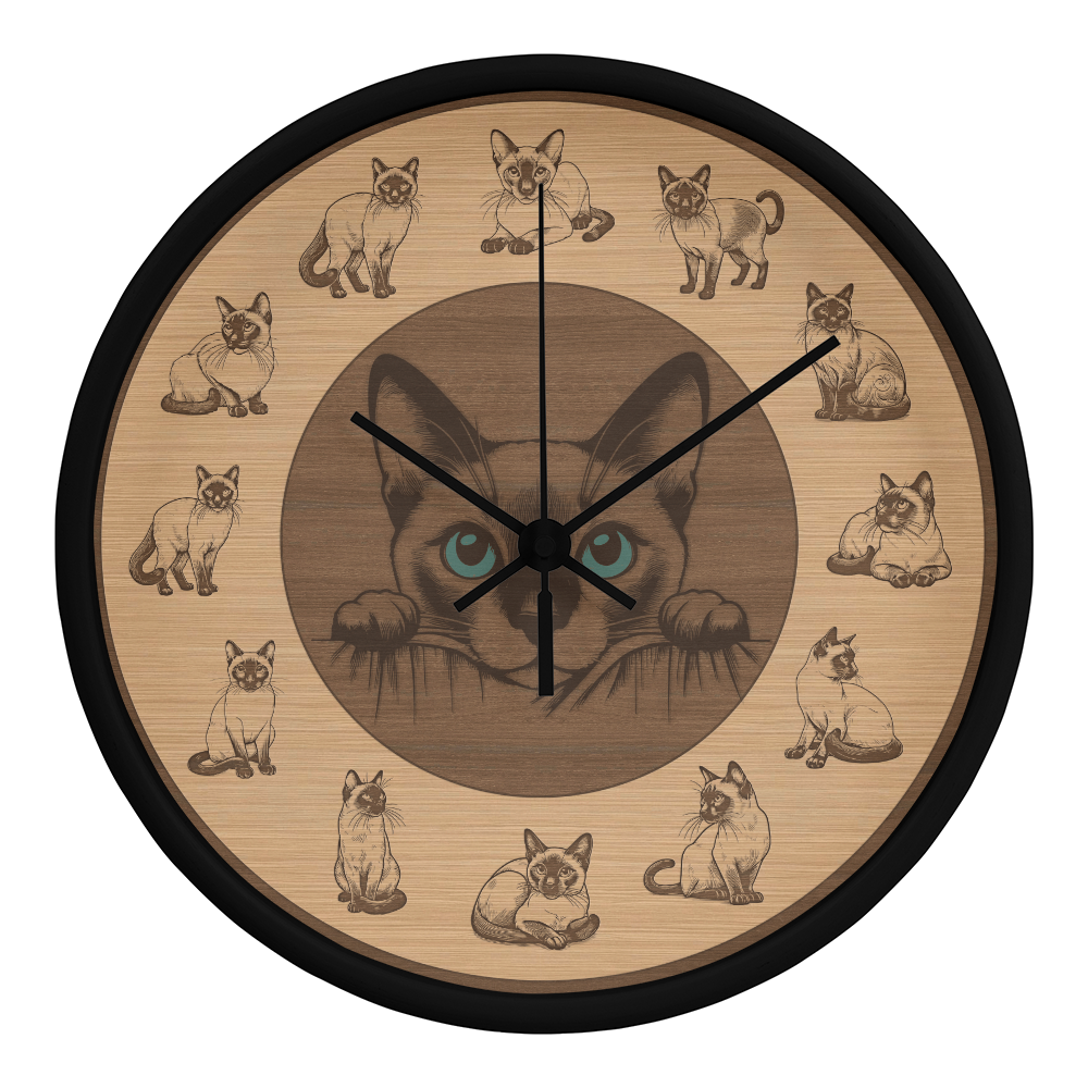 Wooden Frame Siamese Cat Wall Clock - Rustic Wall Art, 10in Quartz, Cat Lover Gift, Farmhouse Decor, Nature Pet Accent for Home