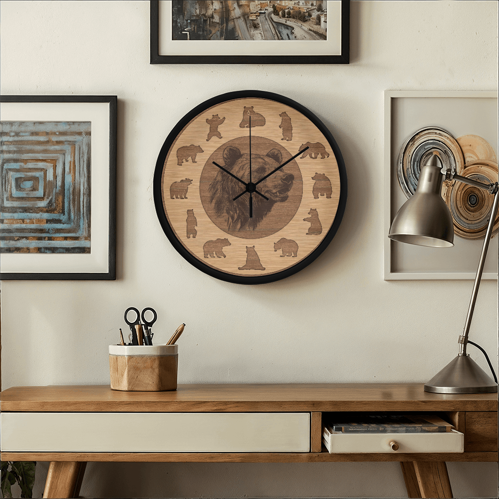 Wood Frame Bear Wall Clock - Modern Wall Art, 10in Quartz, Wildlife Gift, Sleek Decor, Nature Lover Urban Accent for Home Gift