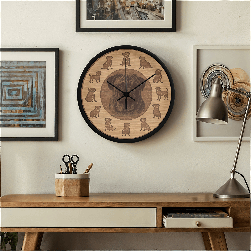Wooden Pug Wall Clock - Rustic Wall Art, 10in Quartz, Dog Lover Gift, Farmhouse Decor, Cute Pet Accent for Home
