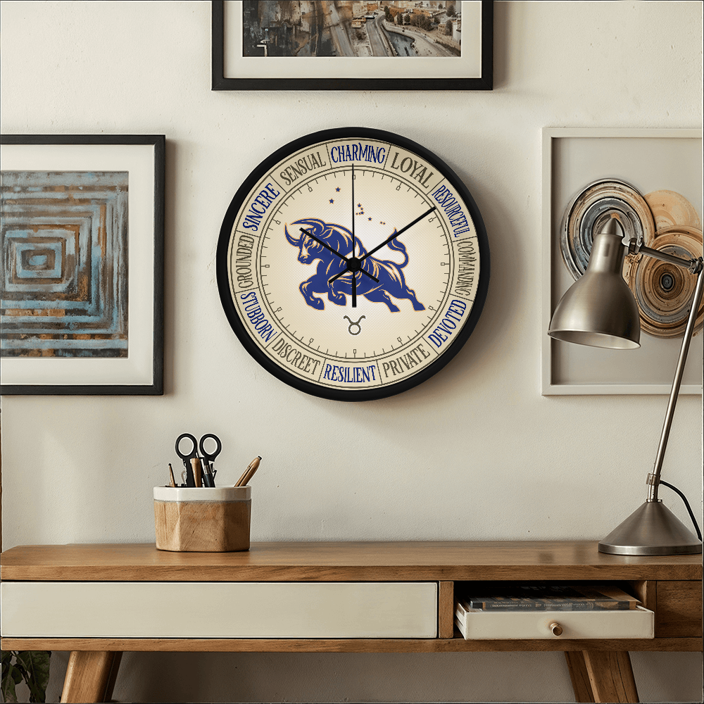 Taurus Wood Frame 10” Wall Clock - Astrology Wall Art, Taurus Lover Gift, Zodiac Decor, Taurus Constellation