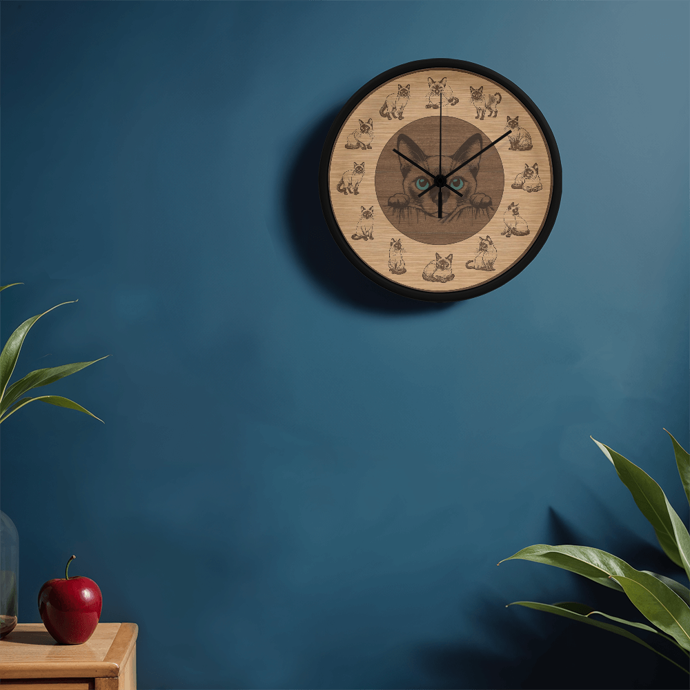 Wooden Frame Siamese Cat Wall Clock - Rustic Wall Art, 10in Quartz, Cat Lover Gift, Farmhouse Decor, Nature Pet Accent for Home
