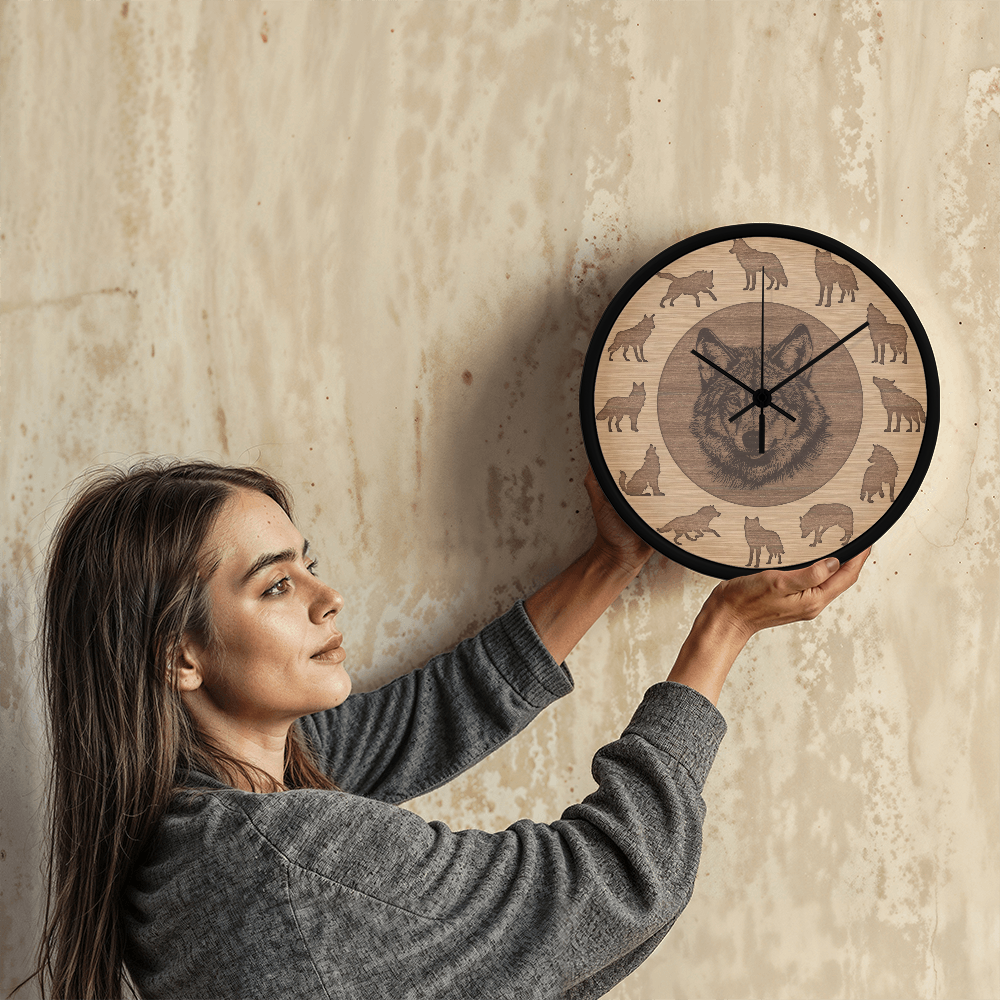 Wooden Frame Wolf Wall Clock - Rustic Silhouette, 10 Inch Quartz, Eco-Friendly Wildlife Gift, Farmhouse Decor, Mother's Day Gift