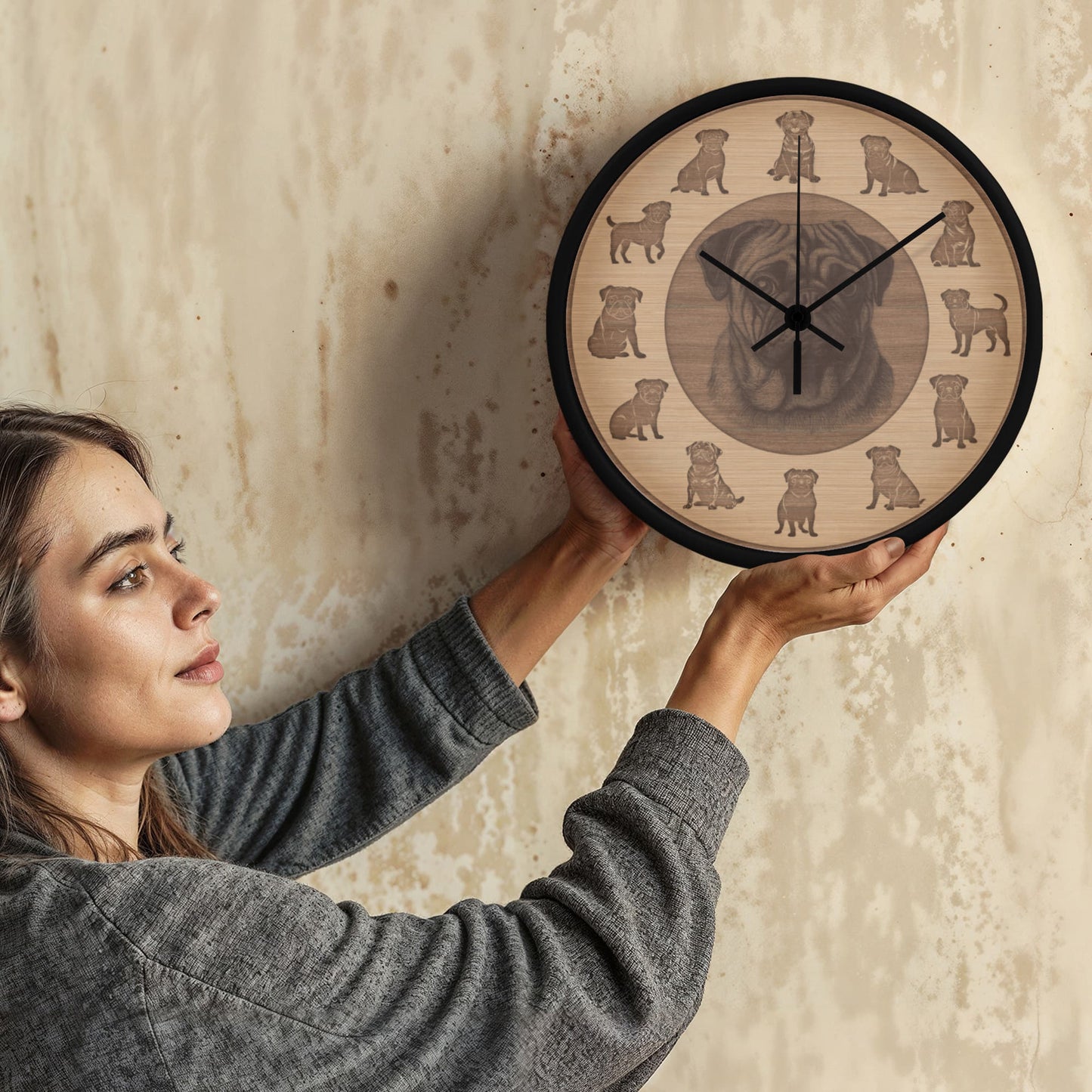 Wooden Pug Wall Clock - Rustic Wall Art, 10in Quartz, Dog Lover Gift, Farmhouse Decor, Cute Pet Accent for Home