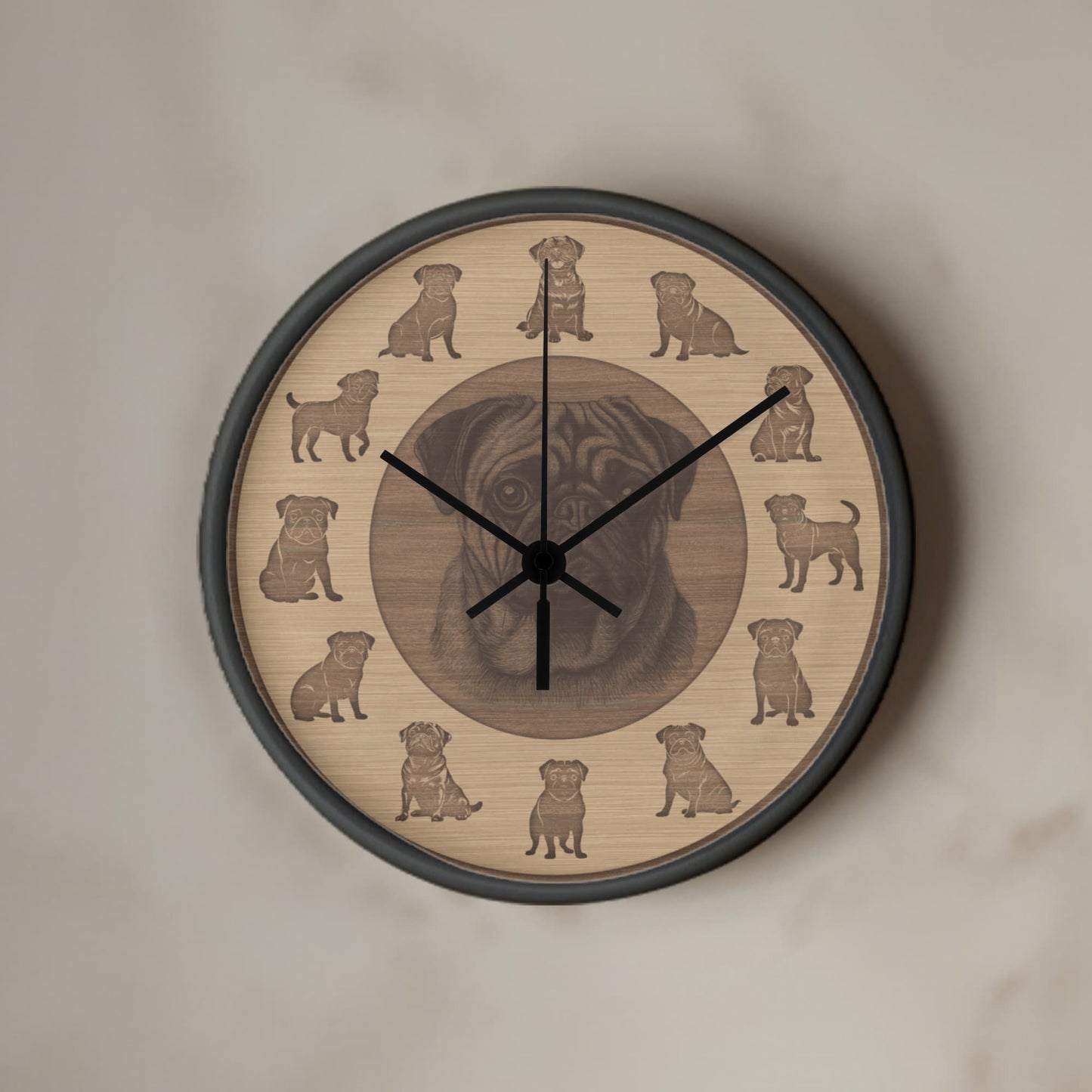Wooden Pug Wall Clock - Rustic Wall Art, 10in Quartz, Dog Lover Gift, Farmhouse Decor, Cute Pet Accent for Home