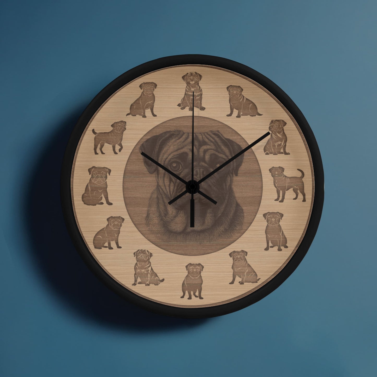 Wooden Pug Wall Clock - Rustic Wall Art, 10in Quartz, Dog Lover Gift, Farmhouse Decor, Cute Pet Accent for Home
