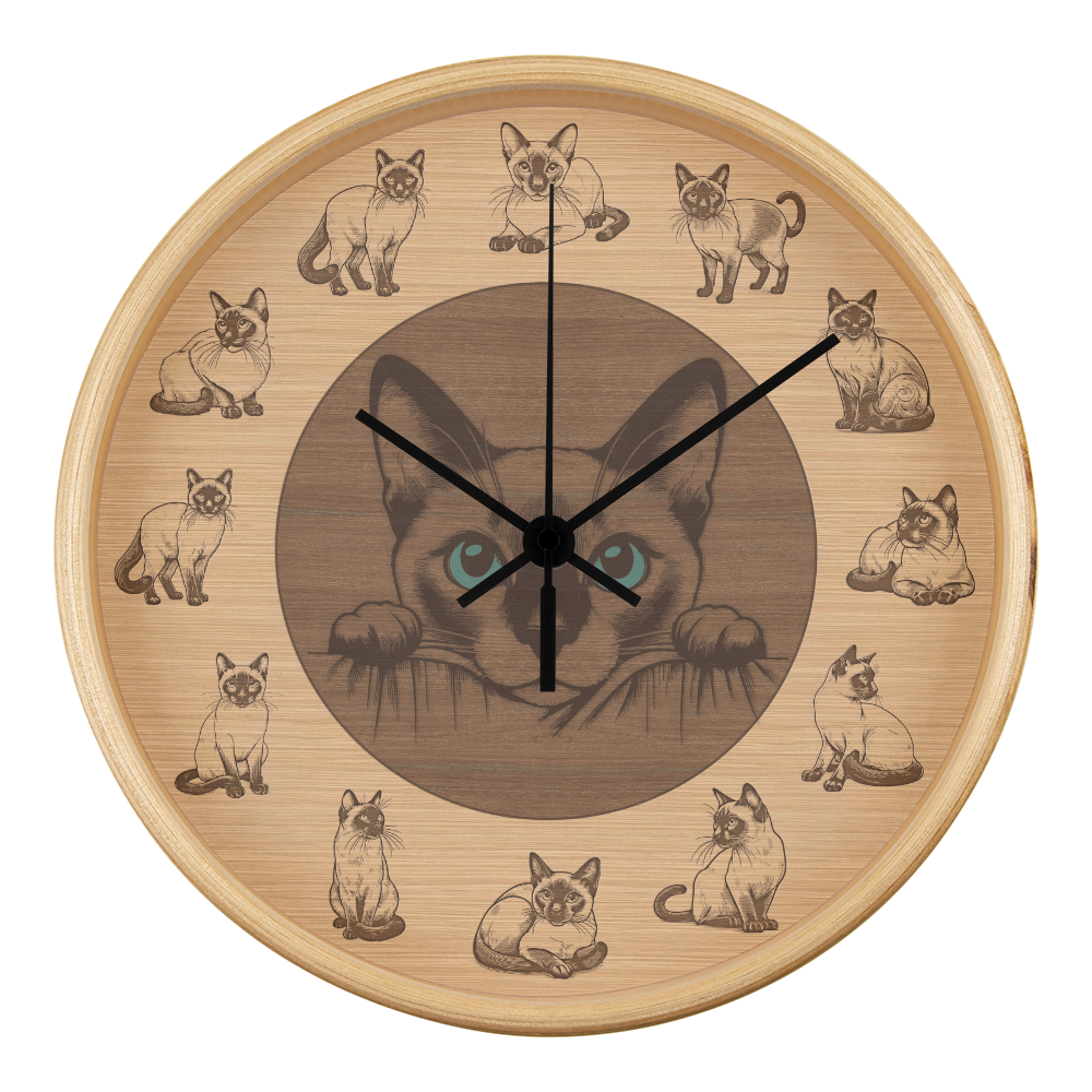 Wooden Frame Siamese Cat Wall Clock - Rustic Wall Art, 10in Quartz, Cat Lover Gift, Farmhouse Decor, Nature Pet Accent for Home
