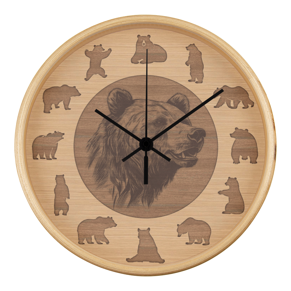 Wood Frame Bear Wall Clock - Modern Wall Art, 10in Quartz, Wildlife Gift, Sleek Decor, Nature Lover Urban Accent for Home Gift