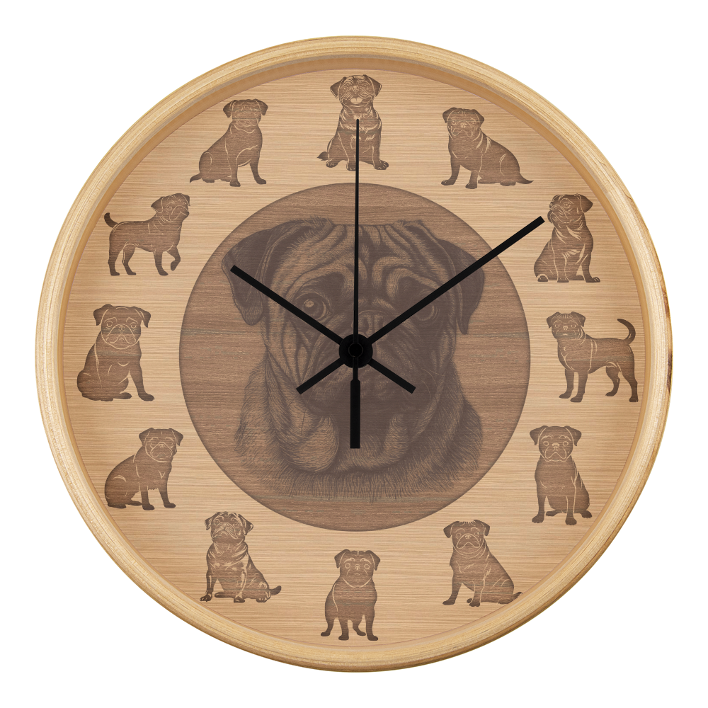 Wooden Pug Wall Clock - Rustic Wall Art, 10in Quartz, Dog Lover Gift, Farmhouse Decor, Cute Pet Accent for Home