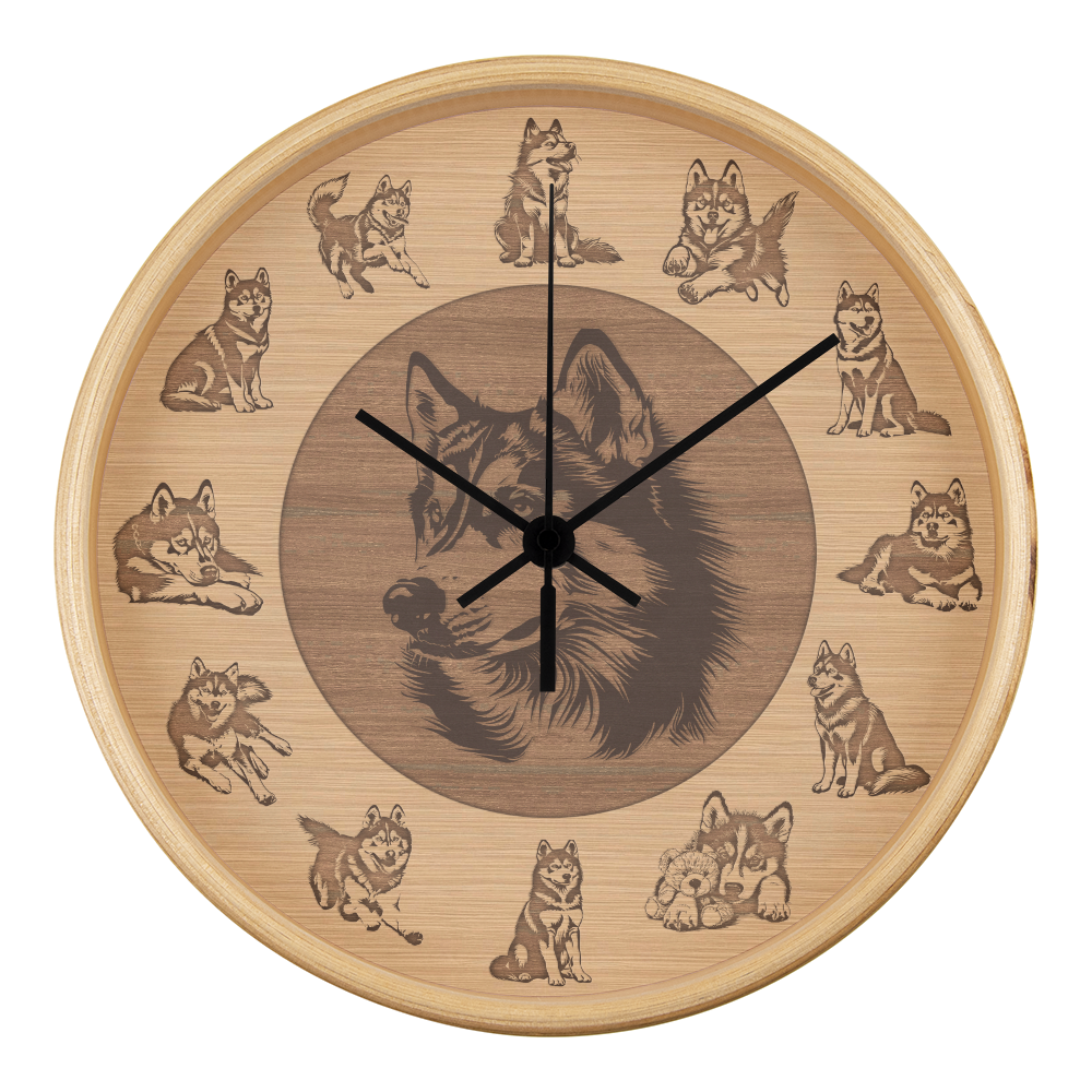 Husky Wooden Frame Wall Clock - Rustic Brown Silhouette, 10 Inch Quartz, Eco-Friendly Dog Gift, Farmhouse Pet Decor Gift, Pet Lover Art