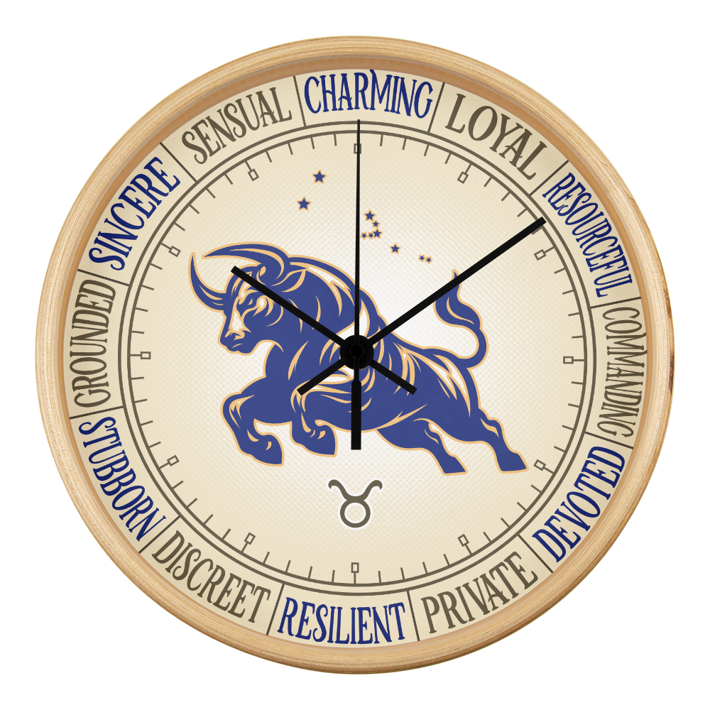 Taurus Wood Frame 10” Wall Clock - Astrology Wall Art, Taurus Lover Gift, Zodiac Decor, Taurus Constellation