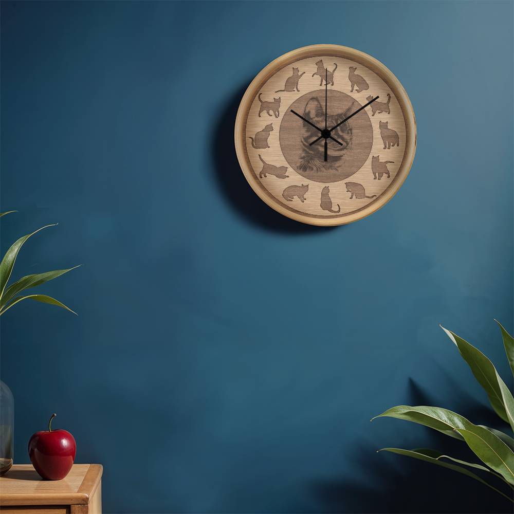 Perfect Wood Frame 10" Wall Clock - Great Gift for Cat Lovers Animal Lovers Pet Rescuers, Mother Day, Father Day or Any Special Occasion.