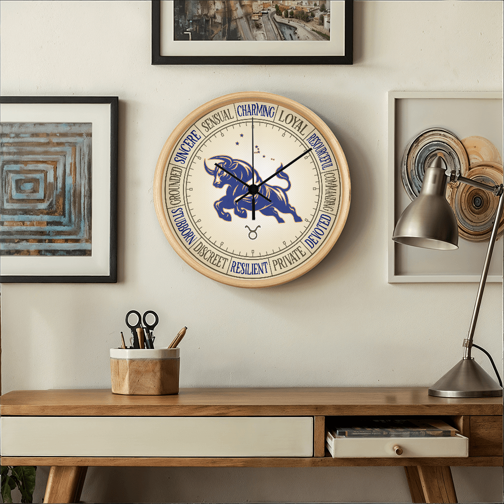 Taurus Wood Frame 10” Wall Clock - Astrology Wall Art, Taurus Lover Gift, Zodiac Decor, Taurus Constellation