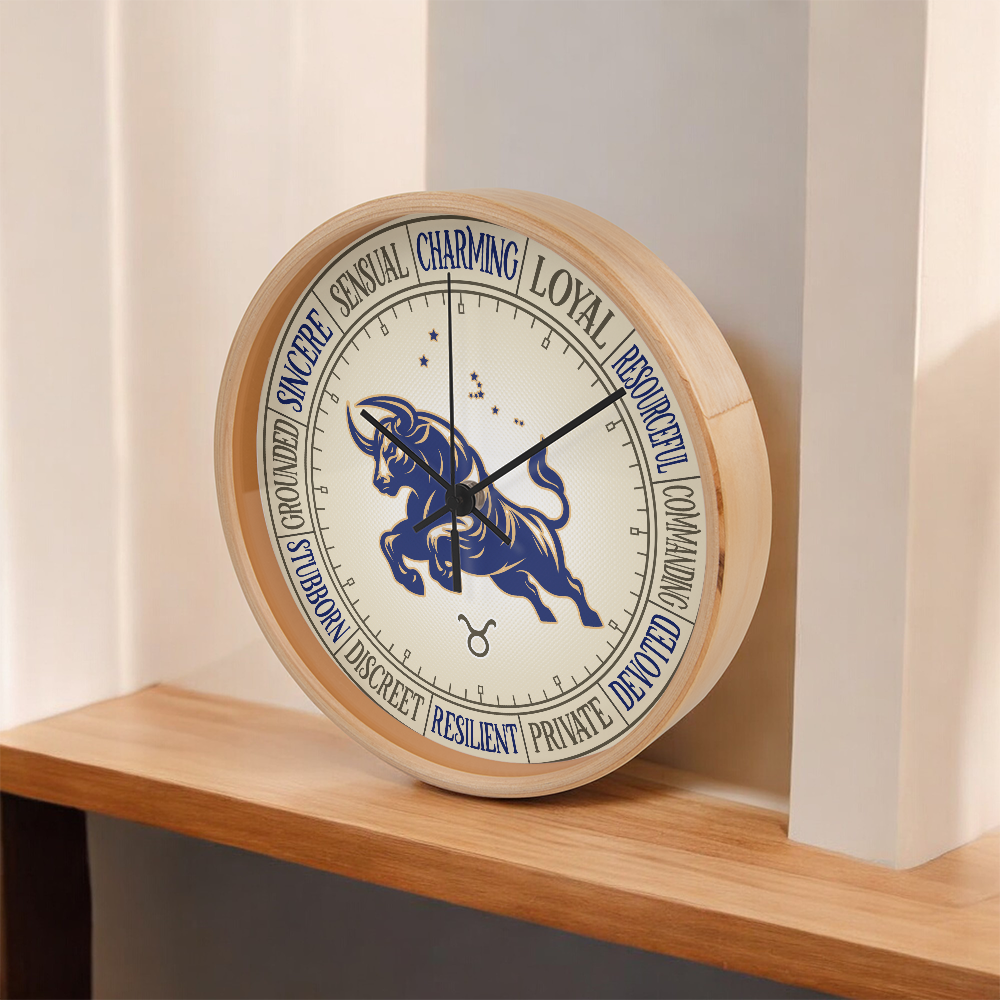 Taurus Wood Frame 10” Wall Clock - Astrology Wall Art, Taurus Lover Gift, Zodiac Decor, Taurus Constellation
