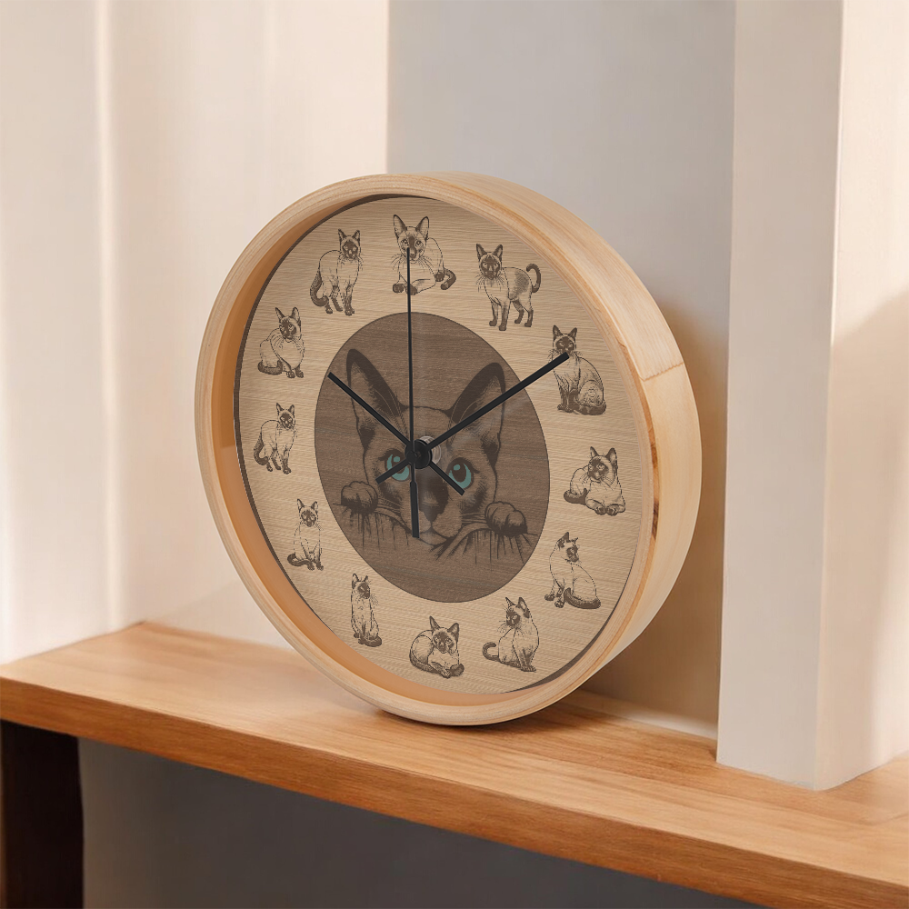 Wooden Frame Siamese Cat Wall Clock - Rustic Wall Art, 10in Quartz, Cat Lover Gift, Farmhouse Decor, Nature Pet Accent for Home
